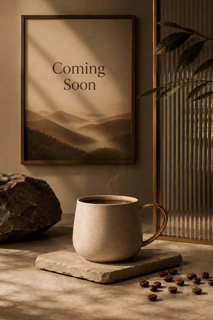 A ceramic coffee cup in a warm, refined interior beneath a framed Coming Soon artwork.