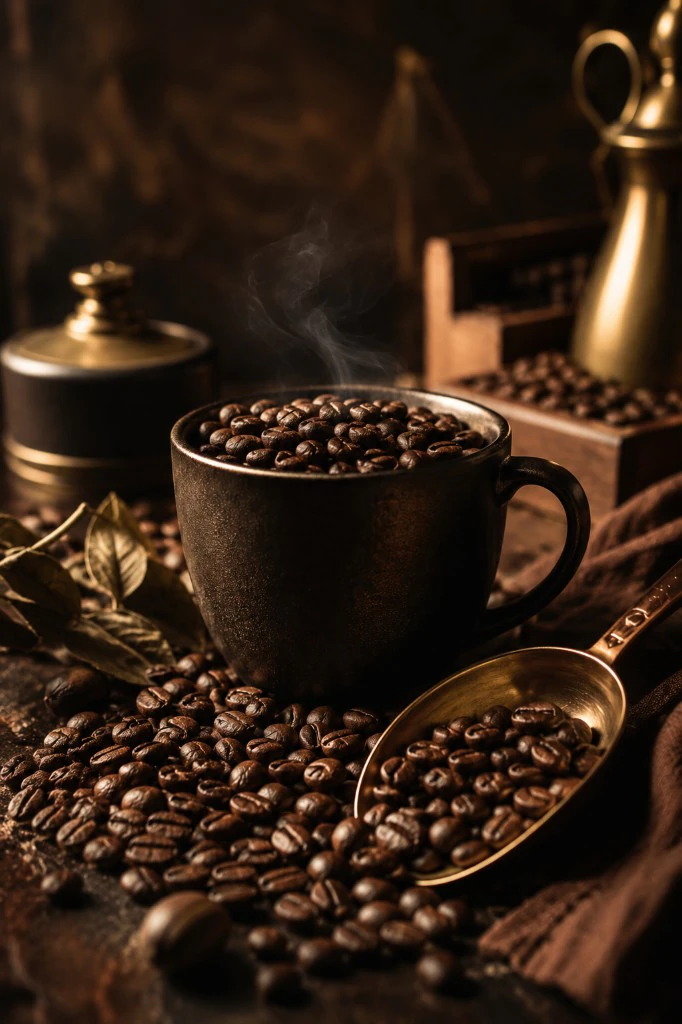 Freshly roasted coffee beans in a wooden scoop.